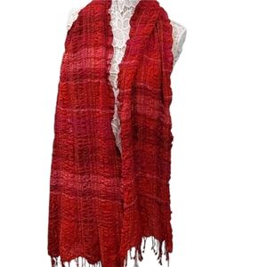 Plaid pink and red scrunchy scarf with fringe